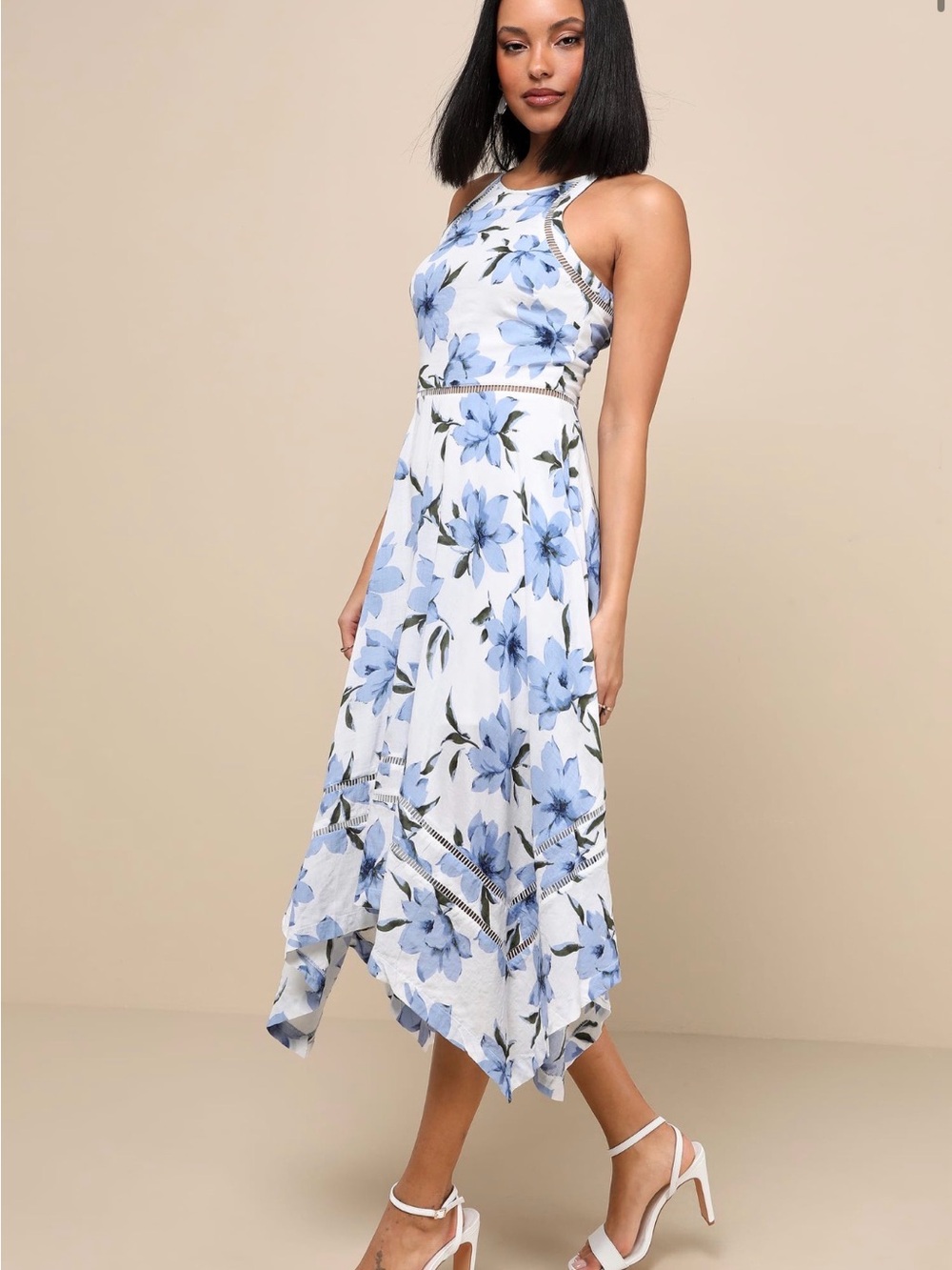 Sleeveless Blue Floral Handkerchief Hem Dress